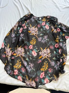 H&M Black Sheer Floral Blouse with Pink & Yellow Accents